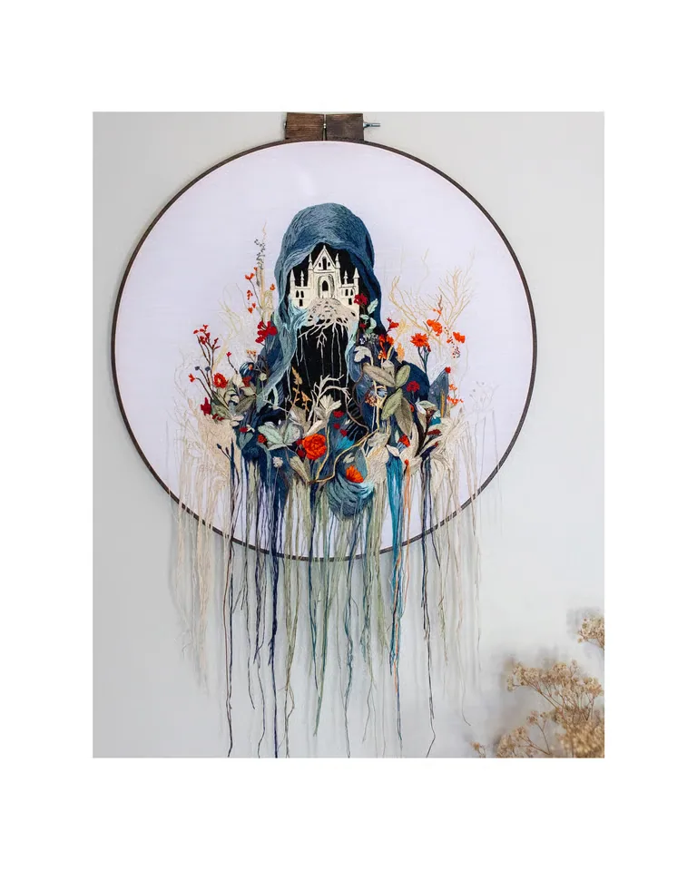 Cathedrals, an embroidered tapestry with castle forms and flowers